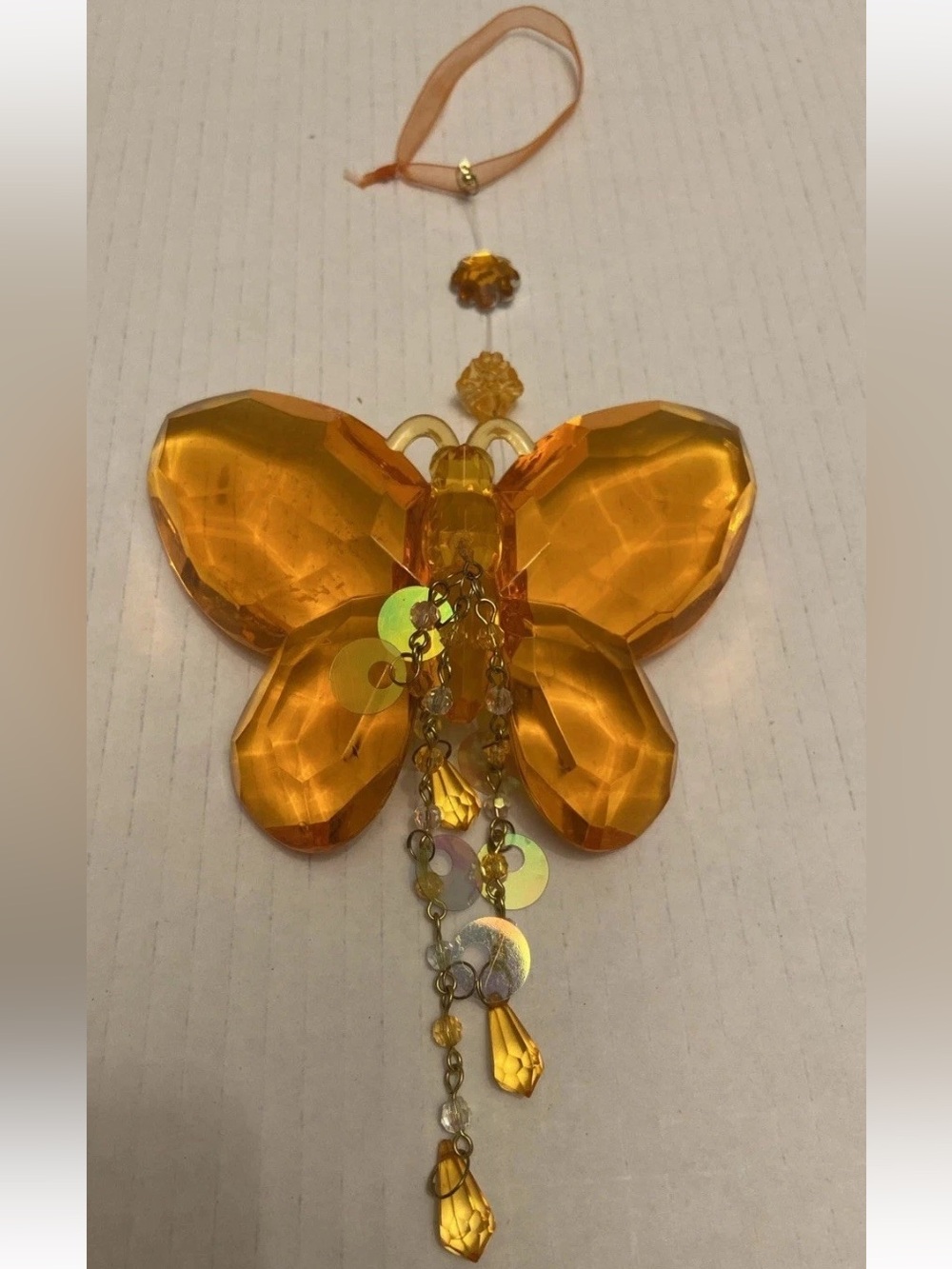 Amber Faceted Orange Glass Reflective Hanging Decorative Butterfly Sun Catcher.